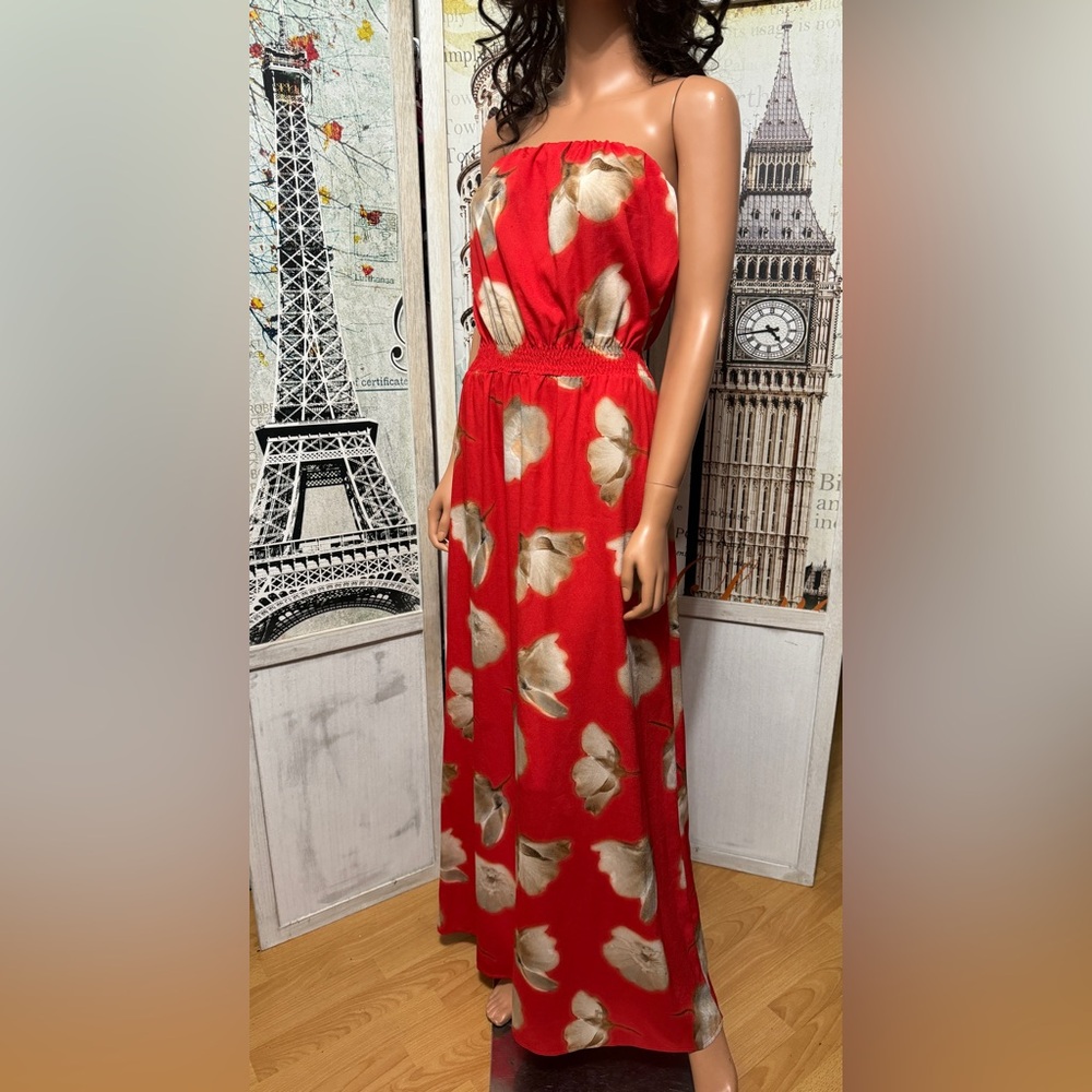 TOPSHOP Orange Red Poppy Strapless Maxi Dress